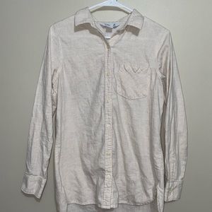 Light-tan, button-down, Women’s long-sleeve shirt